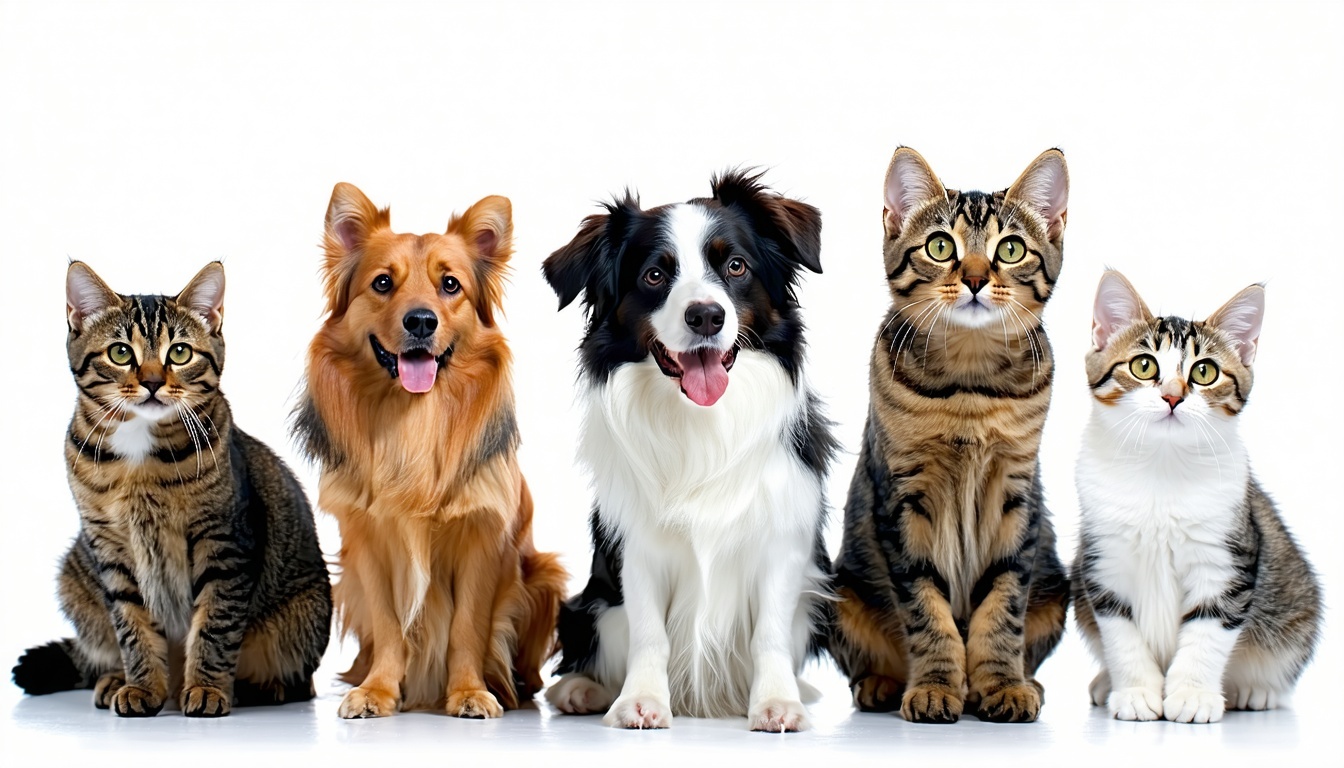 Group of cats and dogs with white background