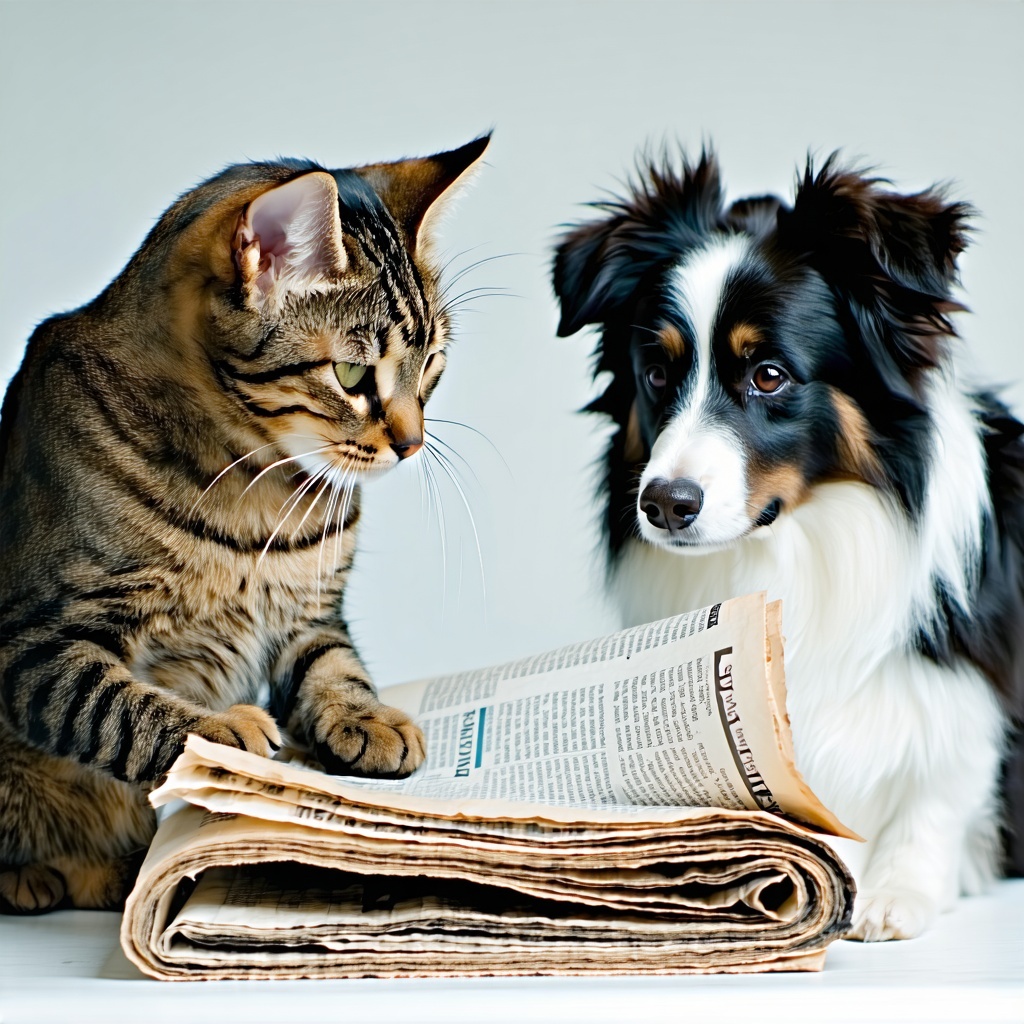 Cat and Dog Reading a Newspaper